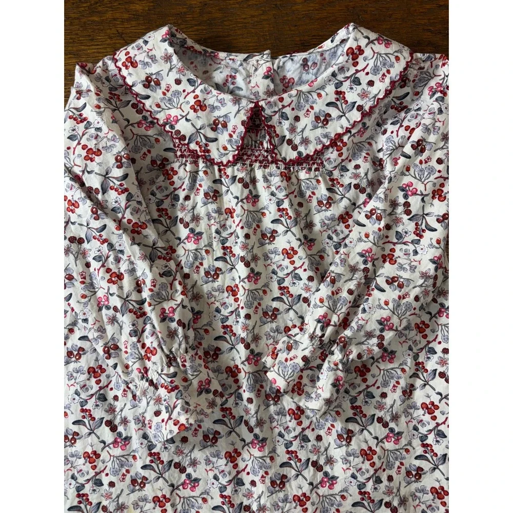 Girls Floral Berry Print Smocked Cotton Dress Peter Pan Collar Size 110 (5T)